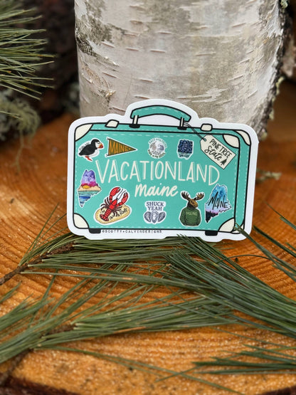 Vintage Suitcase Vacationland Maine Weatherproof Sticker