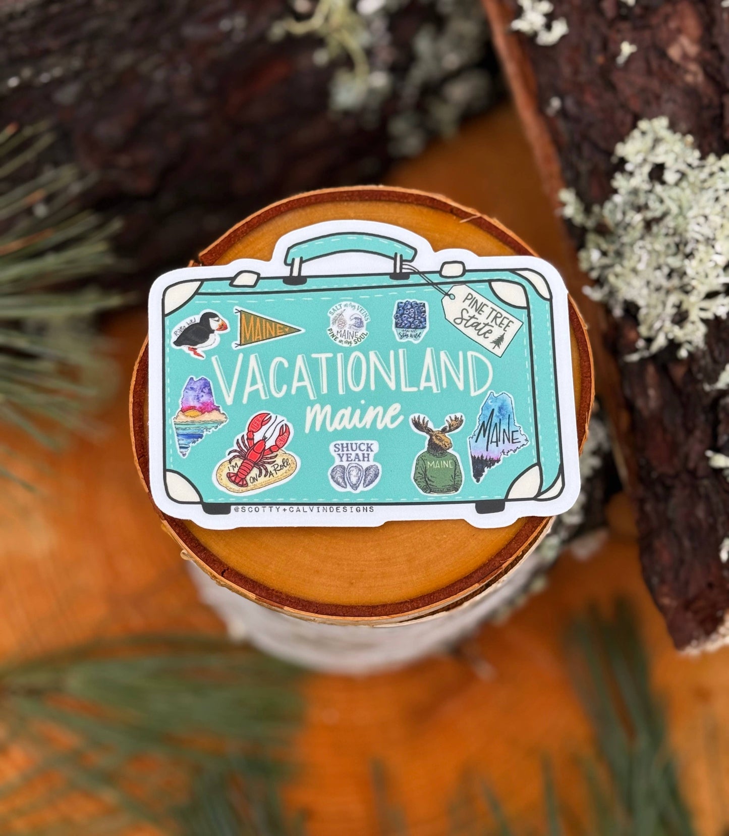 Vintage Suitcase Vacationland Maine Weatherproof Sticker