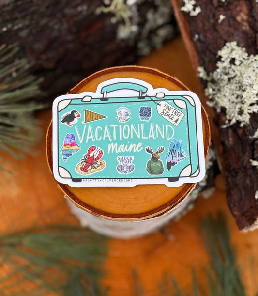 Vintage Suitcase Vacationland Maine Weatherproof Sticker