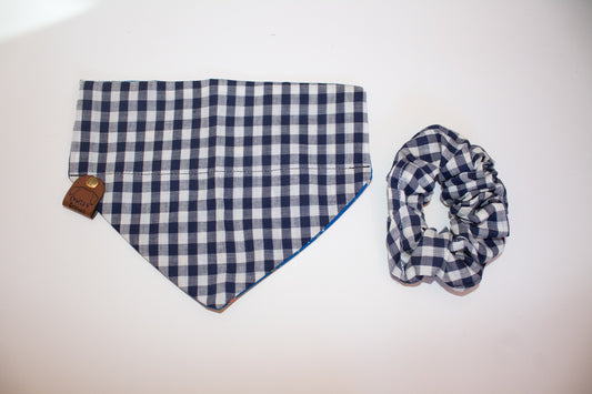 Dark Plaid Navy Bandana Scrunchie Set