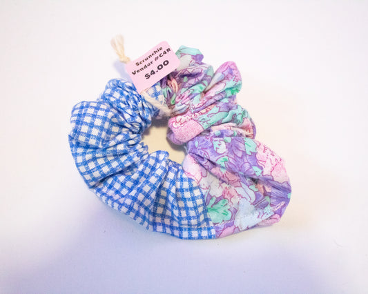 Half n Half Blue Plaid Floral Scrunchie