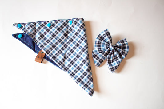 Blue Plaid Sailor Bow Bandana Set