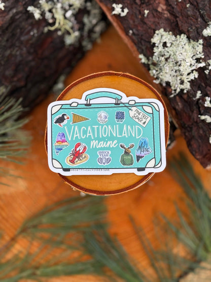 Vintage Suitcase Vacationland Maine Weatherproof Sticker