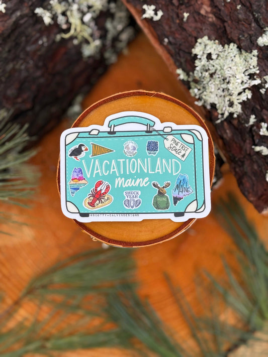 Vintage Suitcase Vacationland Maine Weatherproof Sticker
