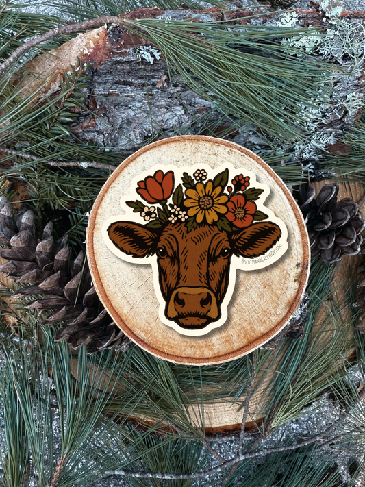 Floral Crown Cow Weatherproof Sticker