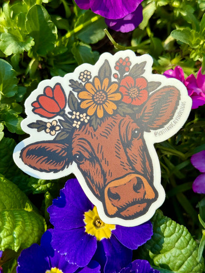 Floral Crown Cow Weatherproof Sticker