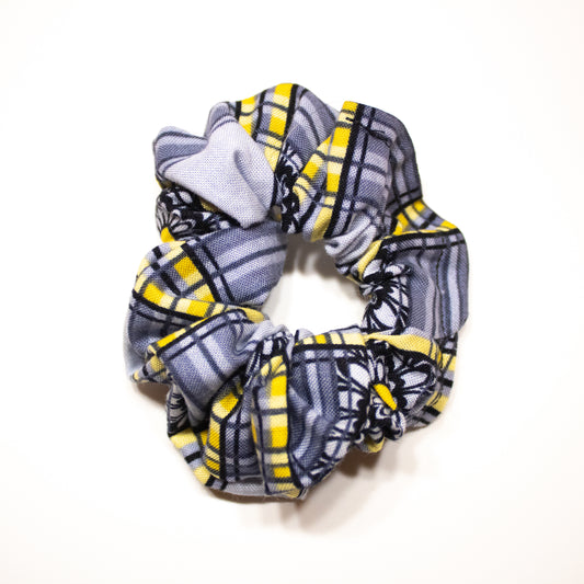 Vintage Grey and Yellow Floral Plaid Scrunchie